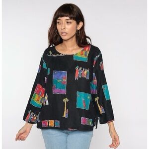 Vintage Hot Cotton art to wear jacket light ethnic travel black print oversize S